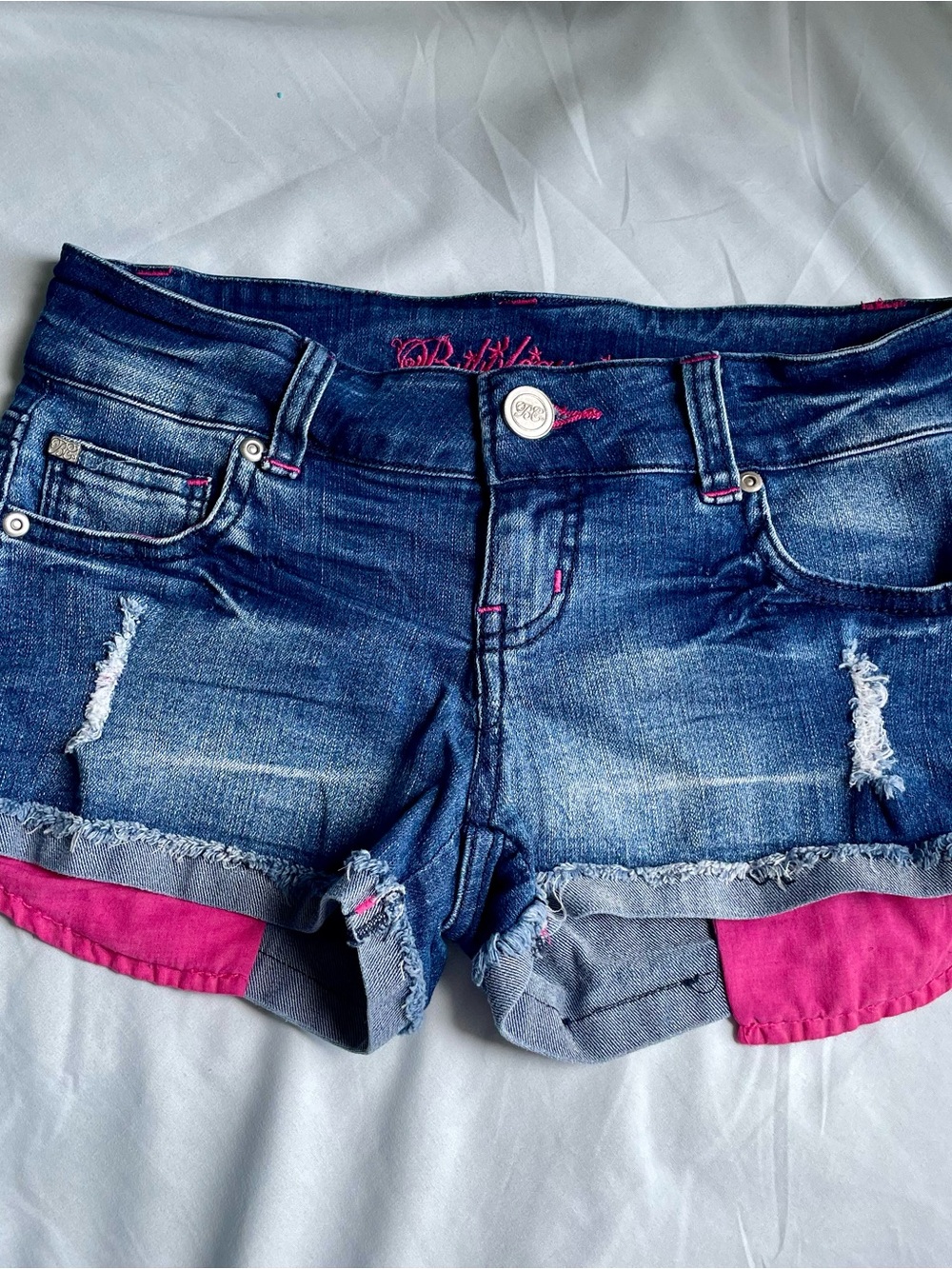 Bubble Gum Women’s Distressed Denim Shorts with Pink Hem Size 0